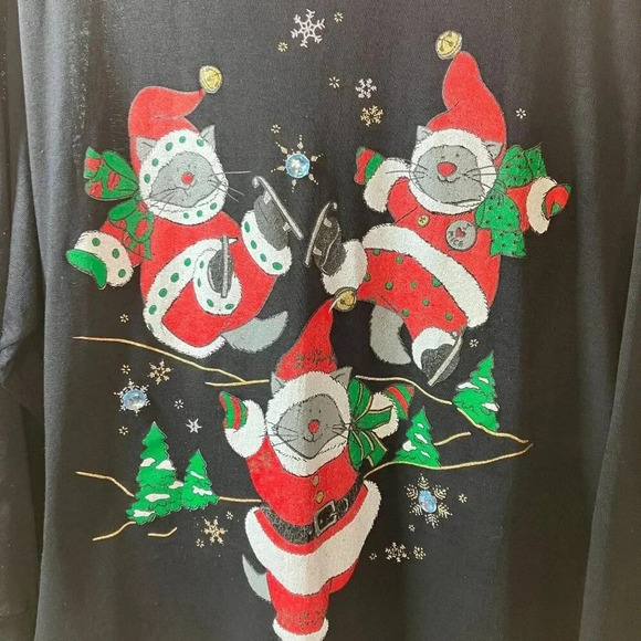 Marcy 'n Me Womens 90s Vintage Christmas Santa Claus Cats Shirt 1X Black XM EXC - Picture 3 of 8